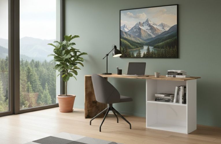 Scrivania Raimondo, Scrittoio lineare porta PC, Tavolo multiuso per ufficio, Scrivania salvaspazio, 100% Made in Italy, cm 110x50h75, Bianco lucido e Acero