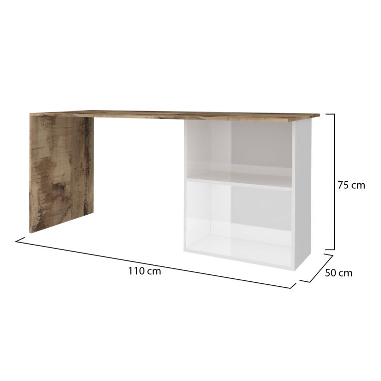 Scrivania Raimondo, Scrittoio lineare porta PC, Tavolo multiuso per ufficio, Scrivania salvaspazio, 100% Made in Italy, cm 110x50h75, Bianco lucido e Acero