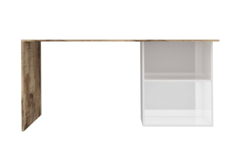 Scrivania Raimondo, Scrittoio lineare porta PC, Tavolo multiuso per ufficio, Scrivania salvaspazio, 100% Made in Italy, cm 110x50h75, Bianco lucido e Acero