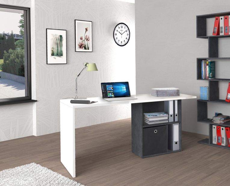 Scrivania Raimondo, Scrittoio lineare porta PC, Tavolo multiuso per ufficio, Scrivania salvaspazio, 100% Made in Italy, cm 110x50h75, Bianco lucido e Ardesia