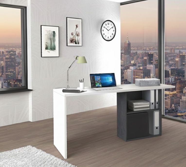 Scrivania Raimondo, Scrittoio lineare porta PC, Tavolo multiuso per ufficio, Scrivania salvaspazio, 100% Made in Italy, cm 110x50h75, Bianco lucido e Ardesia