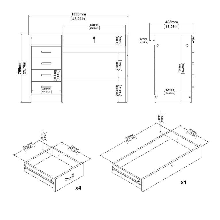 Scrivania Raymonde, Scrittoio multiuso, Tavolo per ufficio porta PC, Piano di lavoro, 109x48 h75 cm, Bianco