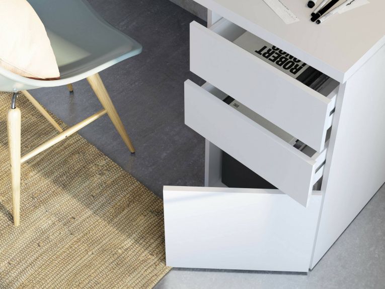 Scrivania Reedsport, Scrittoio reversibile con 3 cassetti, Tavolo ufficio salvaspazio multiposizione, 138x60h74 cm, Bianco