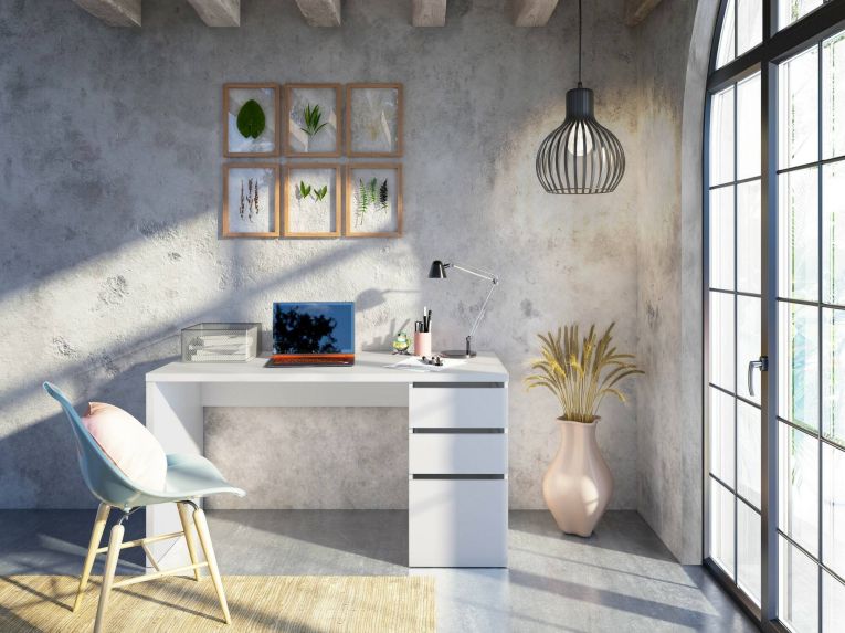 Scrivania Reedsport, Scrittoio reversibile con 3 cassetti, Tavolo ufficio salvaspazio multiposizione, 138x60h74 cm, Bianco