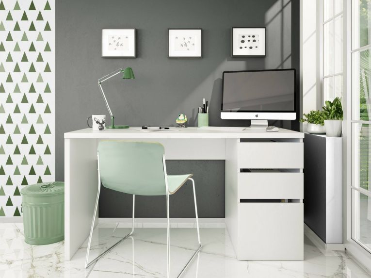 Scrivania Reedsport, Scrittoio reversibile con 3 cassetti, Tavolo ufficio salvaspazio multiposizione, 138x60h74 cm, Bianco