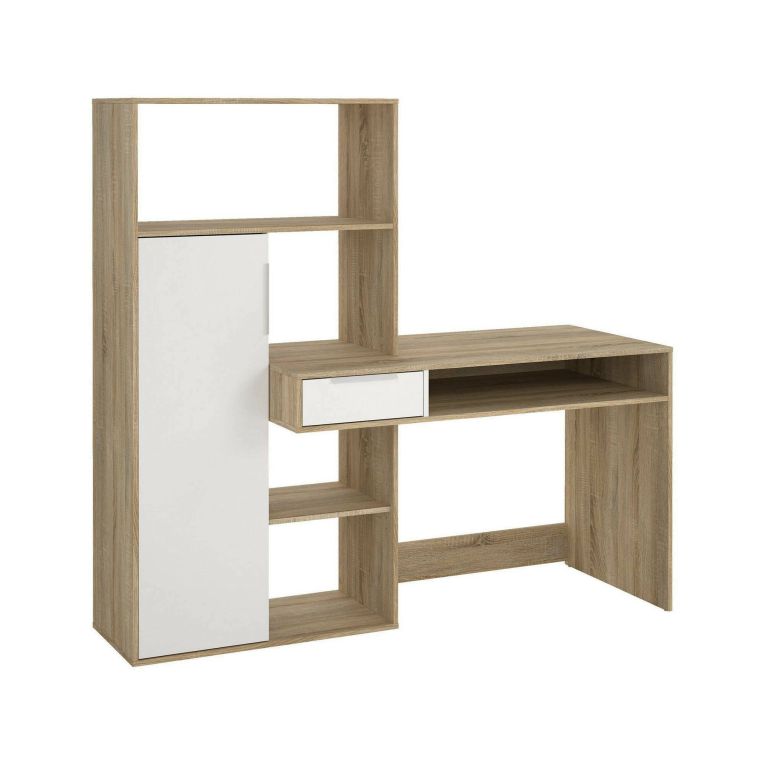 Scrivania Reine, Scrittoio multiuso, Tavolo per ufficio porta PC, Piano di lavoro, 163x60 h155 cm, Quercia e Bianco
