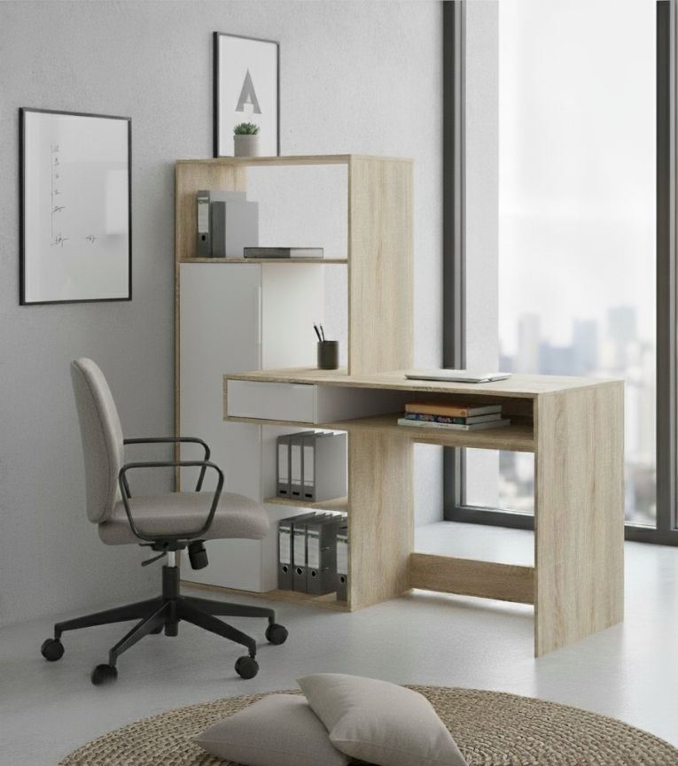 Scrivania Reine, Scrittoio multiuso, Tavolo per ufficio porta PC, Piano di lavoro, 163x60 h155 cm, Quercia e Bianco