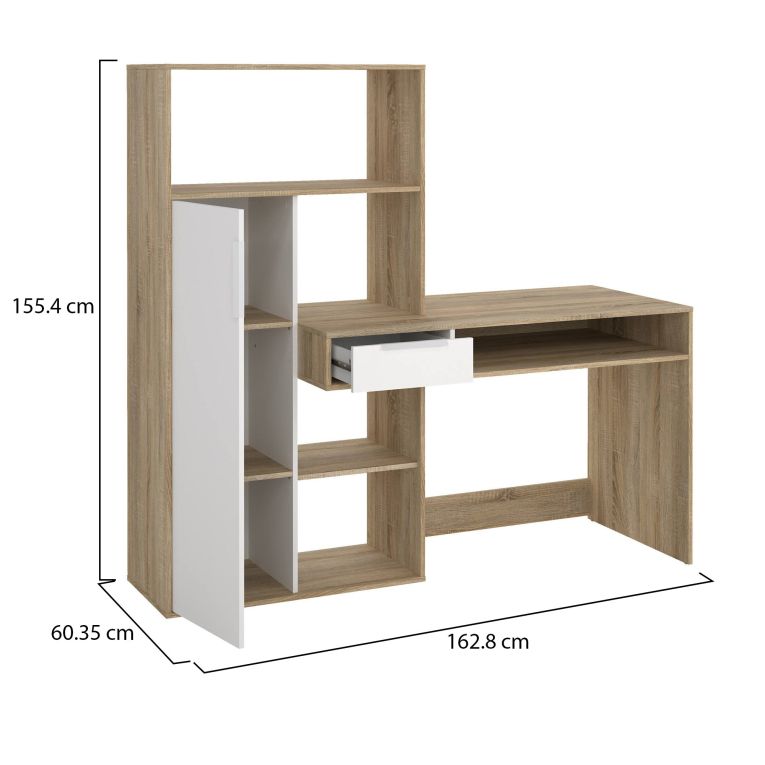 Scrivania Reine, Scrittoio multiuso, Tavolo per ufficio porta PC, Piano di lavoro, 163x60 h155 cm, Quercia e Bianco