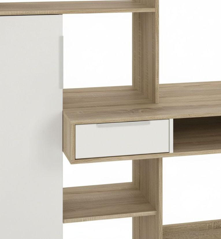 Scrivania Reine, Scrittoio multiuso, Tavolo per ufficio porta PC, Piano di lavoro, 163x60 h155 cm, Quercia e Bianco