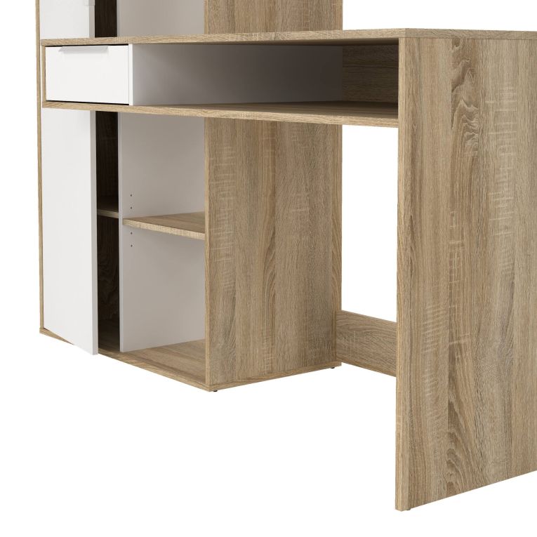 Scrivania Reine, Scrittoio multiuso, Tavolo per ufficio porta PC, Piano di lavoro, 163x60 h155 cm, Quercia e Bianco