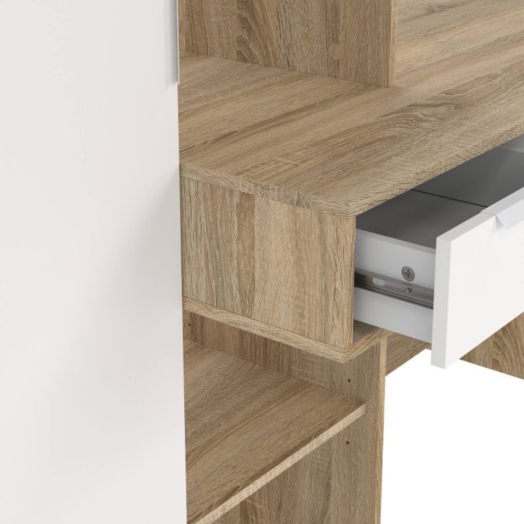Scrivania Reine, Scrittoio multiuso, Tavolo per ufficio porta PC, Piano di lavoro, 163x60 h155 cm, Quercia e Bianco
