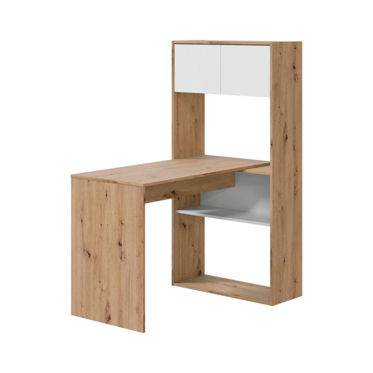 Scrivania Riverside, Scrittoio multifunzione reversibile ad angolo con libreria, Tavolo da studio o ufficio multiposizione, 108x70h140 cm, Bianco e Rovere nodi