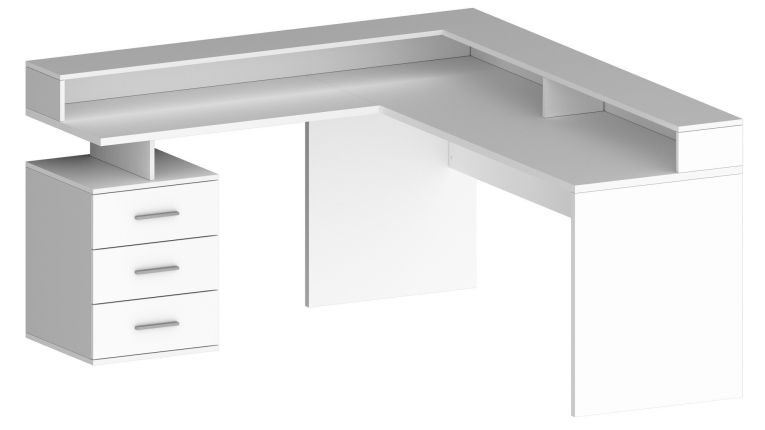 Scrivania Salomone, Scrittoio angolare con sopralzo, Scrivania ufficio multiuso, 180x90h160 cm, Bianco