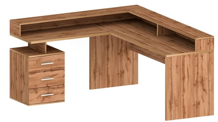 Scrivania Salomone, Scrittoio angolare con sopralzo, Scrivania ufficio multiuso, 180x90h160 cm, Rovere