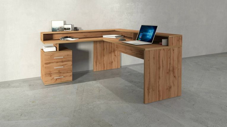 Scrivania Salomone, Scrittoio angolare con sopralzo, Scrivania ufficio multiuso, 180x90h160 cm, Rovere