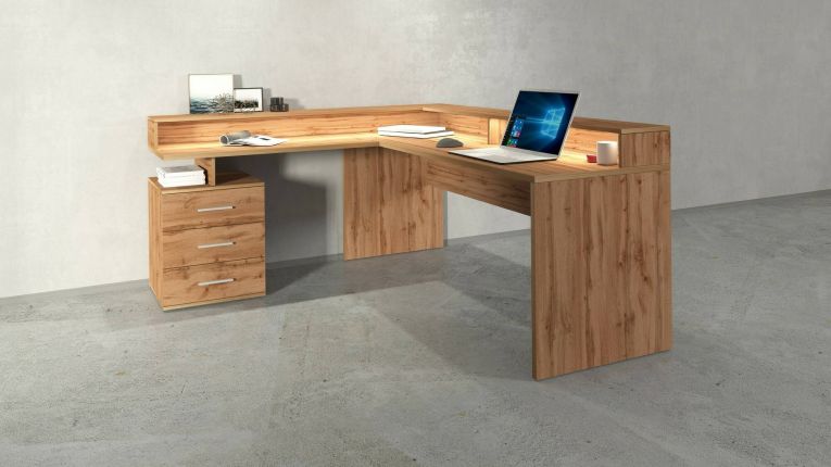 Scrivania Salomone, Scrittoio angolare con sopralzo, Scrivania ufficio multiuso, 180x90h160 cm, Rovere