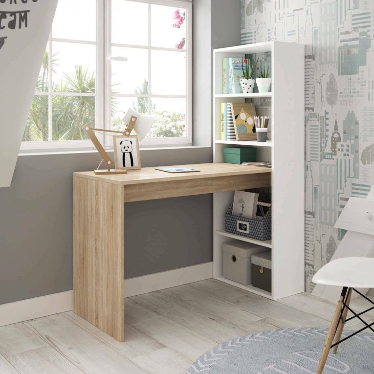 Scrivania salvaspazio bianca e legno 120x53cm con libreria - Ali