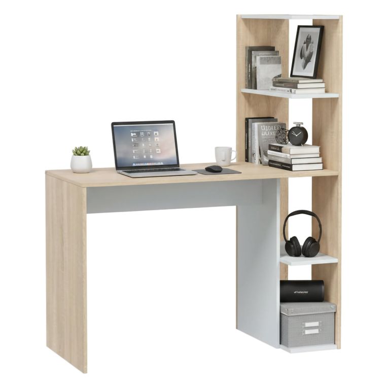 Scrivania salvaspazio bianca e rovere 110x52cm con libreria - Abba