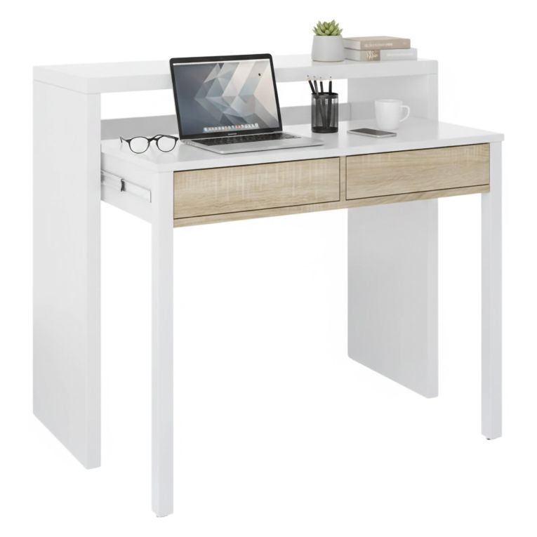 Scrivania salvaspazio bianca e rovere 98x36cm con 2 cassetti - Andriy