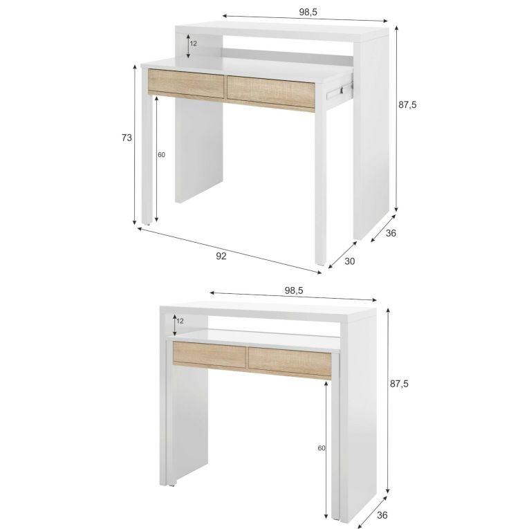 Scrivania salvaspazio bianca e rovere 98x36cm con 2 cassetti - Andriy