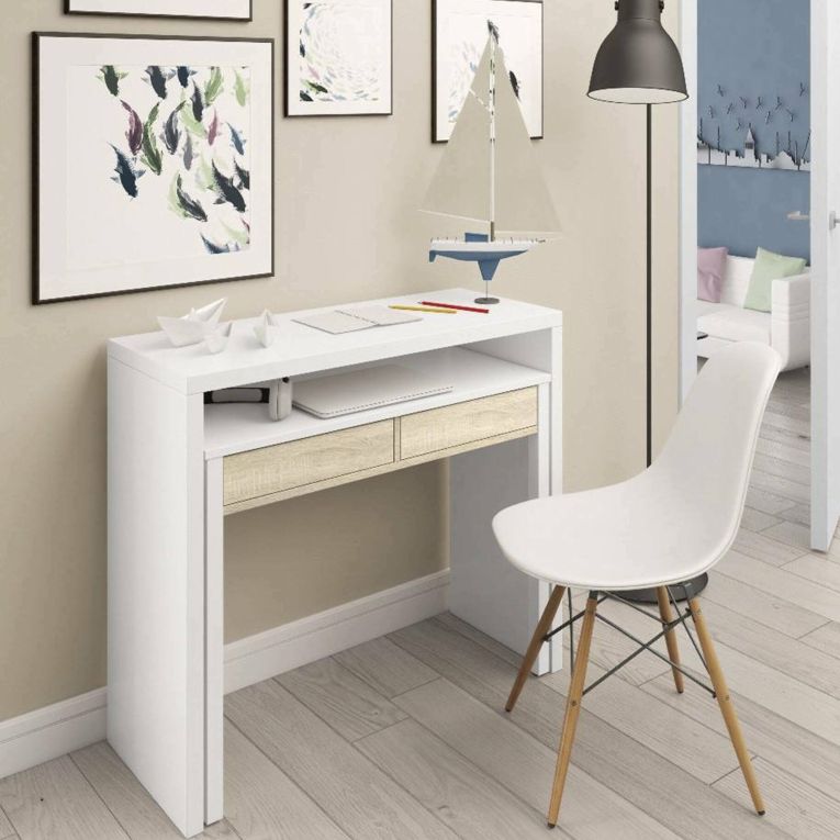 Scrivania salvaspazio bianca e rovere 98x36cm con 2 cassetti - Andriy