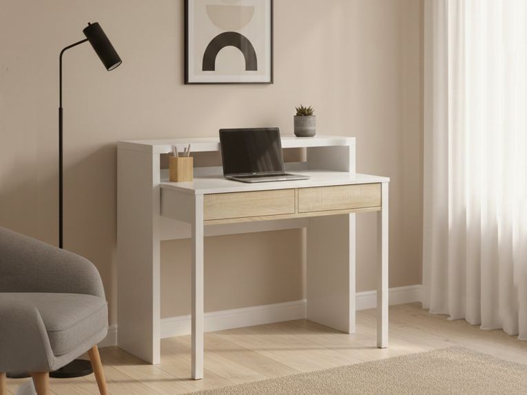 Scrivania salvaspazio bianca e rovere 98x36cm con 2 cassetti - Andriy