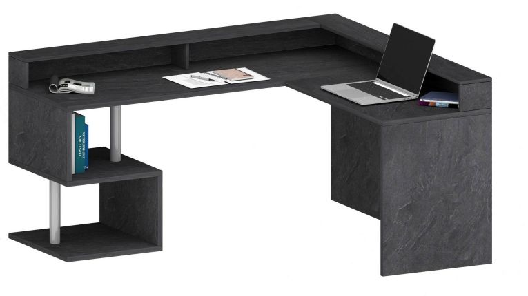 Scrivania Sansone, Scrittoio angolare con ripiani portaoggetti, Scrivania ufficio multiuso con sopralzo, 180x60h93 cm, Ardesia