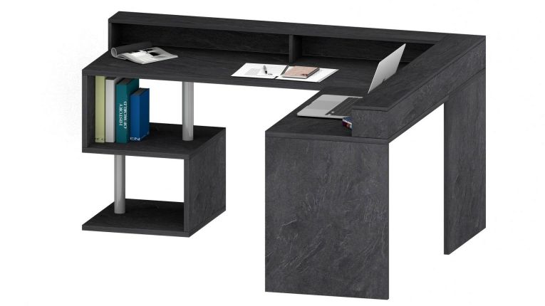 Scrivania Sansone, Scrittoio angolare con ripiani portaoggetti, Scrivania ufficio multiuso con sopralzo, 180x60h93 cm, Ardesia