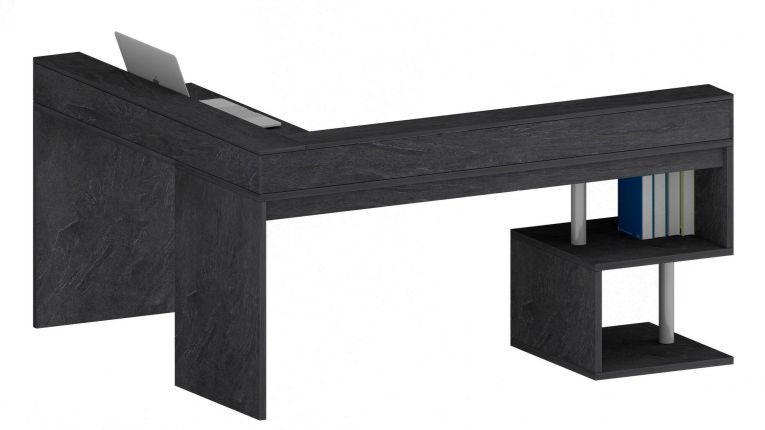 Scrivania Sansone, Scrittoio angolare con ripiani portaoggetti, Scrivania ufficio multiuso con sopralzo, 180x60h93 cm, Ardesia