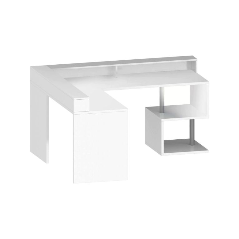Scrivania Sansone, Scrittoio angolare con ripiani portaoggetti, Scrivania ufficio multiuso con sopralzo, 180x60h93 cm, Bianco