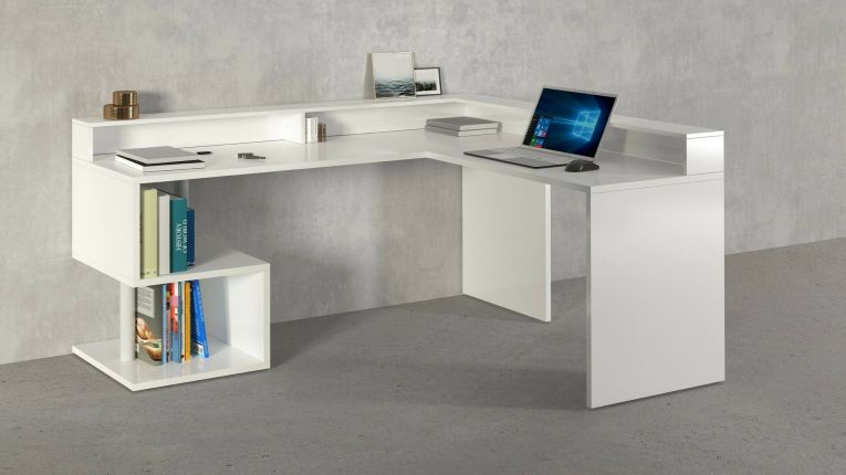 Scrivania Sansone, Scrittoio angolare con ripiani portaoggetti, Scrivania ufficio multiuso con sopralzo, 180x60h93 cm, Bianco