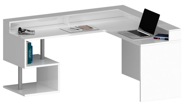 Scrivania Sansone, Scrittoio angolare con ripiani portaoggetti, Scrivania ufficio multiuso con sopralzo, 180x60h93 cm, Bianco