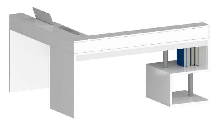Scrivania Sansone, Scrittoio angolare con ripiani portaoggetti, Scrivania ufficio multiuso con sopralzo, 180x60h93 cm, Bianco