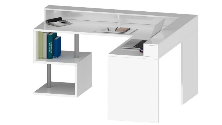 Scrivania Sansone, Scrittoio angolare con ripiani portaoggetti, Scrivania ufficio multiuso con sopralzo, 180x60h93 cm, Bianco