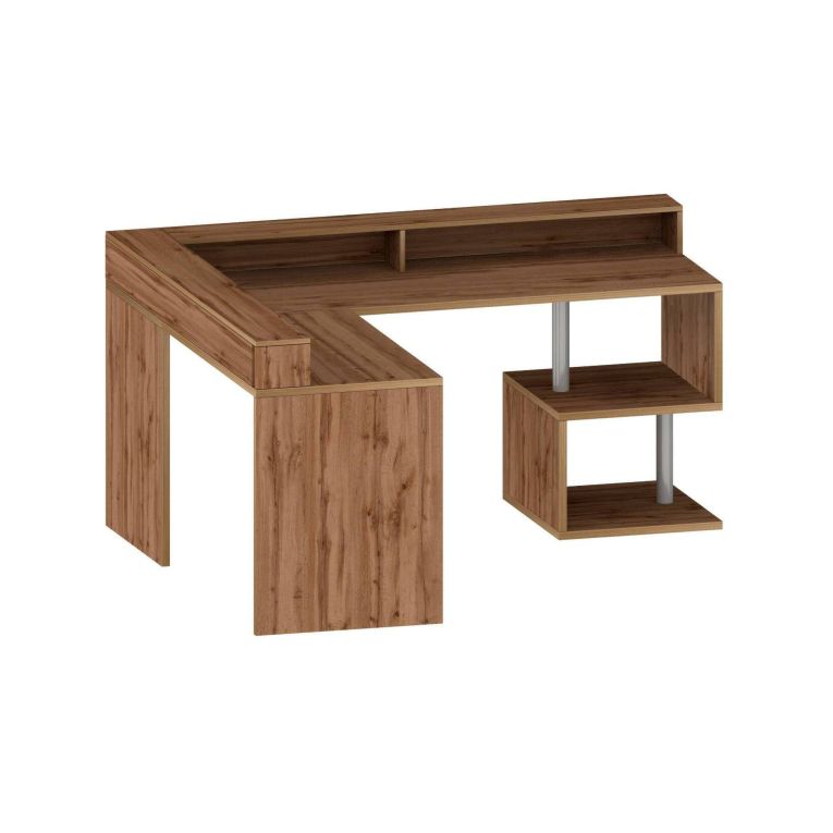 Scrivania Sansone, Scrittoio angolare con ripiani portaoggetti, Scrivania ufficio multiuso con sopralzo, 180x60h93 cm, Rovere