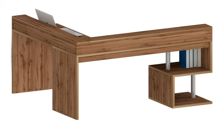 Scrivania Sansone, Scrittoio angolare con ripiani portaoggetti, Scrivania ufficio multiuso con sopralzo, 180x60h93 cm, Rovere