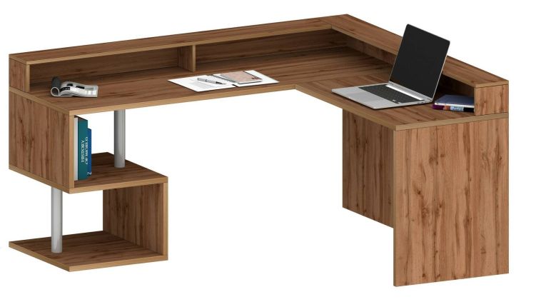 Scrivania Sansone, Scrittoio angolare con ripiani portaoggetti, Scrivania ufficio multiuso con sopralzo, 180x60h93 cm, Rovere