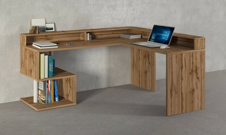 Scrivania Sansone, Scrittoio angolare con ripiani portaoggetti, Scrivania ufficio multiuso con sopralzo, 180x60h93 cm, Rovere