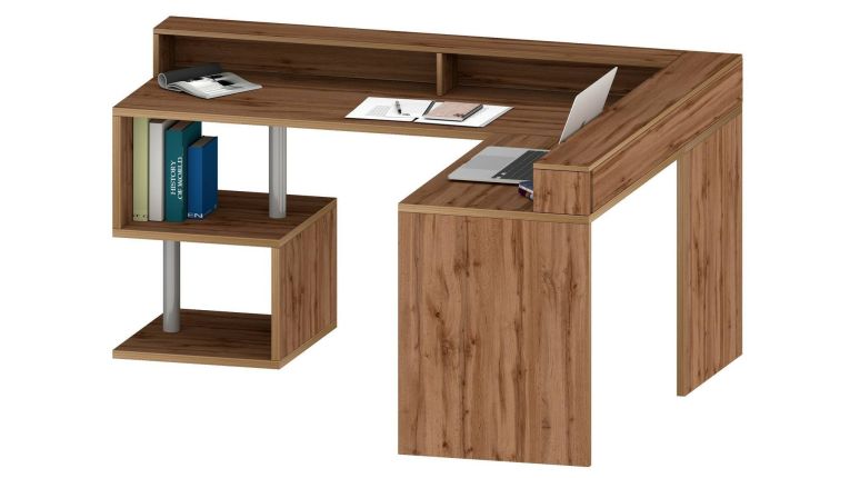 Scrivania Sansone, Scrittoio angolare con ripiani portaoggetti, Scrivania ufficio multiuso con sopralzo, 180x60h93 cm, Rovere