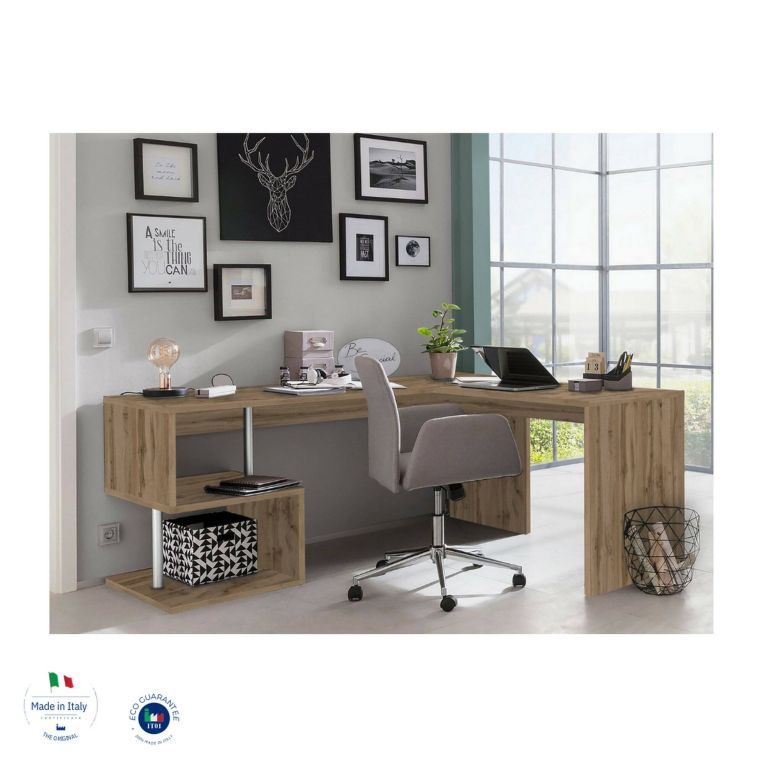 Scrivania Sasha, Scrittoio angolare porta PC, Tavolo multiuso per ufficio, Scrivania salvaspazio multiposizione, 100% Made in Italy, cm 160x60h78, Rovere