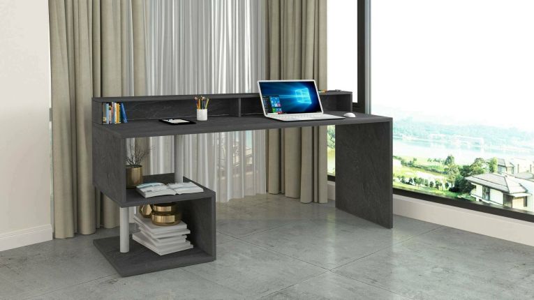 Scrivania Serafino, Scrittoio lineare con ripiani portaoggetti, Scrivania ufficio multiuso con sopralzo, 180x92,5h60 cm, Ardesia