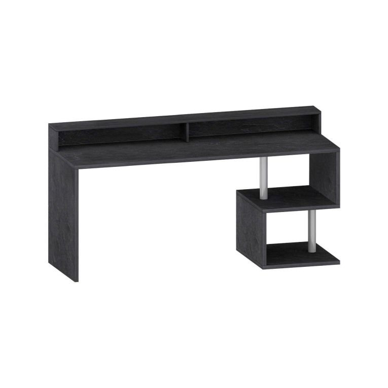 Scrivania Serafino, Scrittoio lineare con ripiani portaoggetti, Scrivania ufficio multiuso con sopralzo, 180x92,5h60 cm, Ardesia