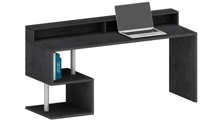 Scrivania Serafino, Scrittoio lineare con ripiani portaoggetti, Scrivania ufficio multiuso con sopralzo, 180x92,5h60 cm, Ardesia