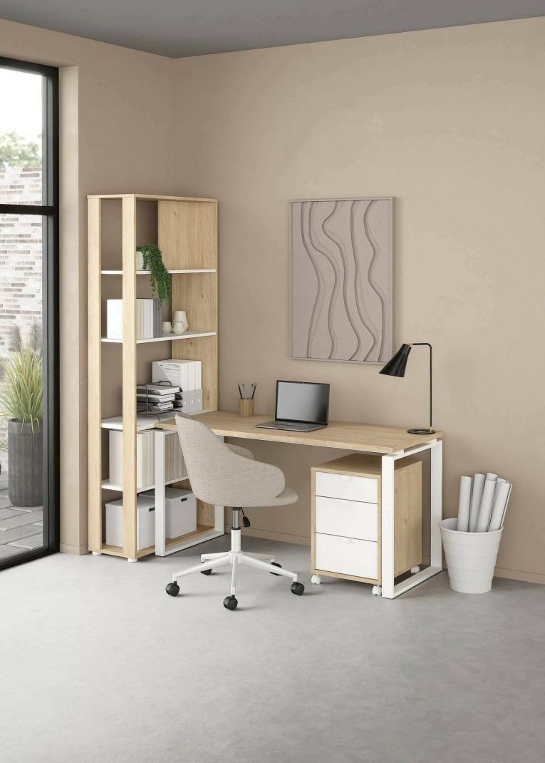Scrivania Severine, Scrittoio multiuso, Tavolo per ufficio porta PC, Piano di lavoro, 80x184 h205 cm, Rovere e Bianco