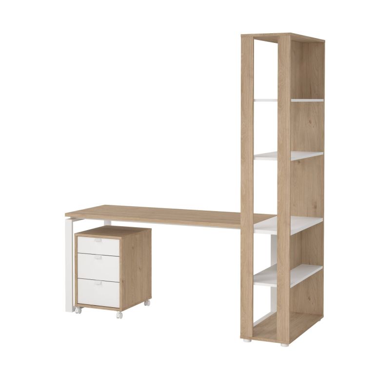 Scrivania Severine, Scrittoio multiuso, Tavolo per ufficio porta PC, Piano di lavoro, 80x184 h205 cm, Rovere e Bianco