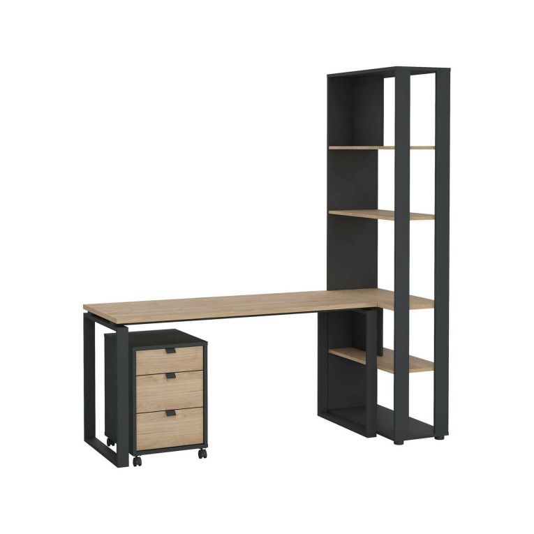 Scrivania Severine, Scrittoio multiuso, Tavolo per ufficio porta PC, Piano di lavoro, 80x184 h205 cm, Rovere e Grigio