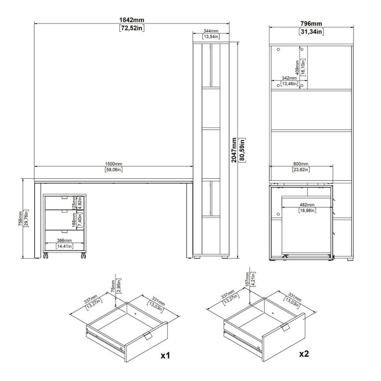 Scrivania Severine, Scrittoio multiuso, Tavolo per ufficio porta PC, Piano di lavoro, 80x184 h205 cm, Rovere e Grigio