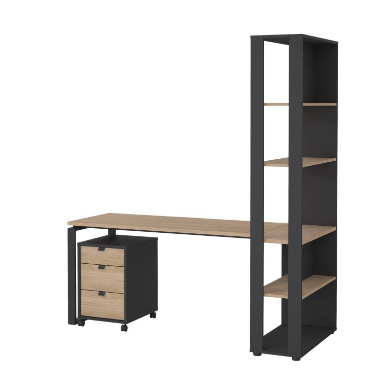 Scrivania Severine, Scrittoio multiuso, Tavolo per ufficio porta PC, Piano di lavoro, 80x184 h205 cm, Rovere e Grigio