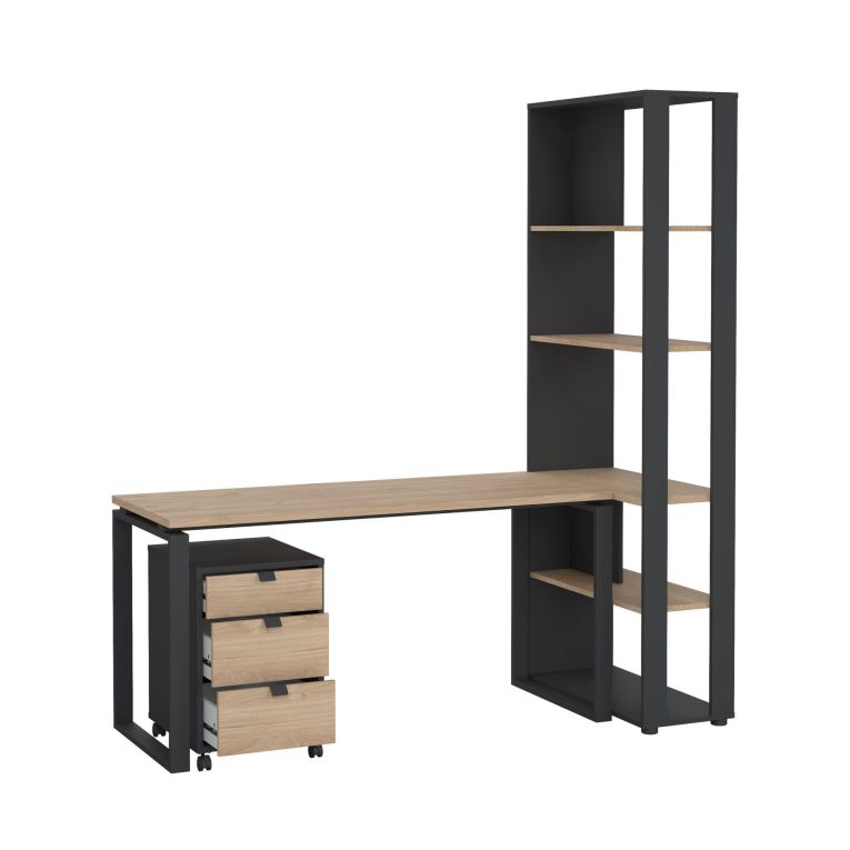 Scrivania Severine, Scrittoio multiuso, Tavolo per ufficio porta PC, Piano di lavoro, 80x184 h205 cm, Rovere e Grigio