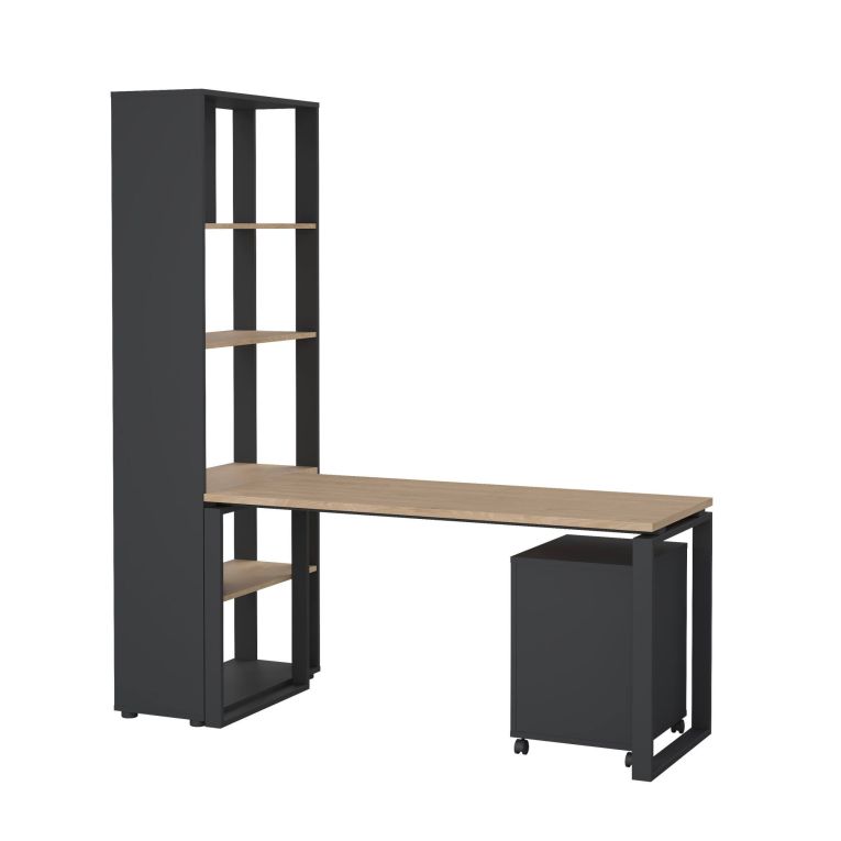 Scrivania Severine, Scrittoio multiuso, Tavolo per ufficio porta PC, Piano di lavoro, 80x184 h205 cm, Rovere e Grigio